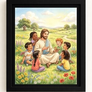 A.I. Jesus With children In A Glass Front Frame 8x10